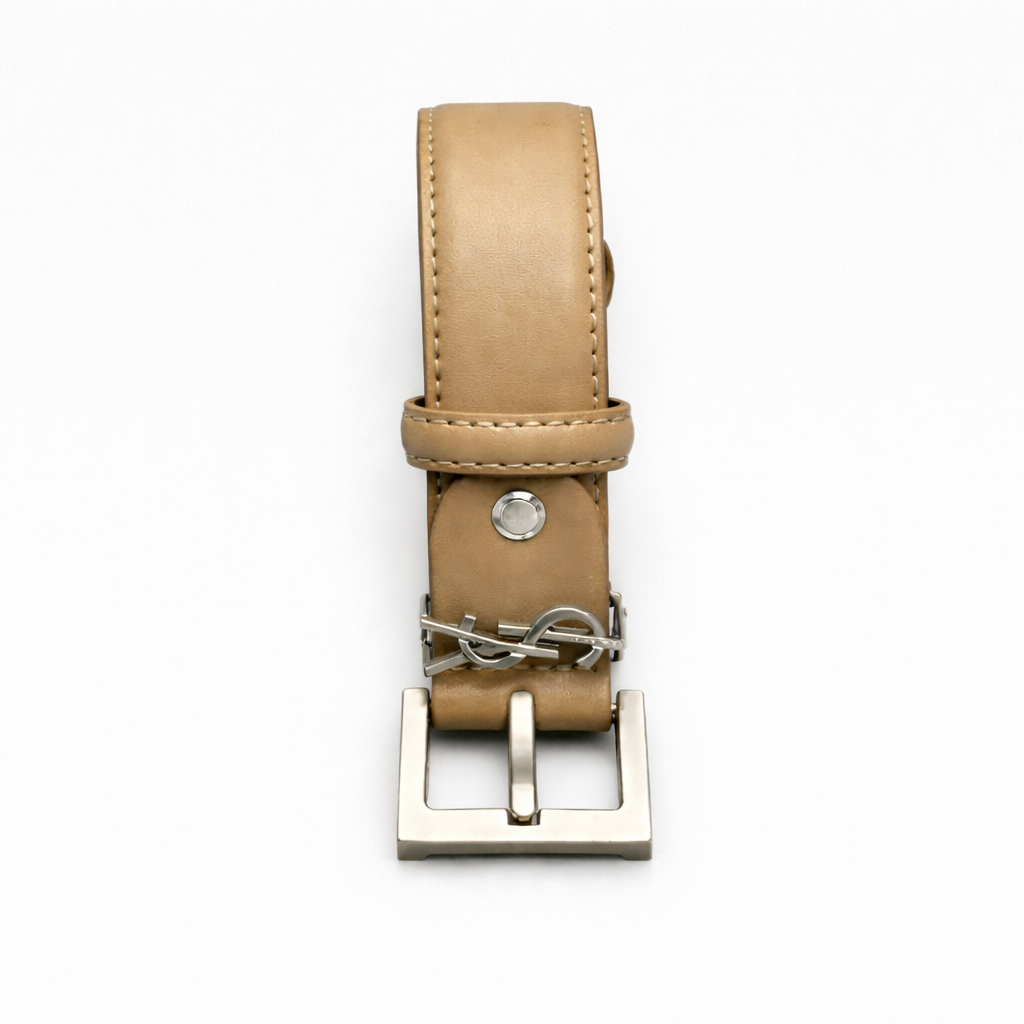 Saint Laurent Cassandre Thin Belt in Smooth Leather – Bej